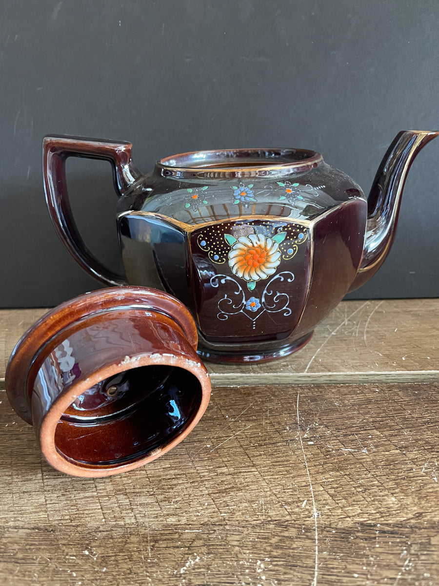 Vintage Ceramic Tea Coffee Serving Pot Floral Print Orange Blue 8.5 Tall
