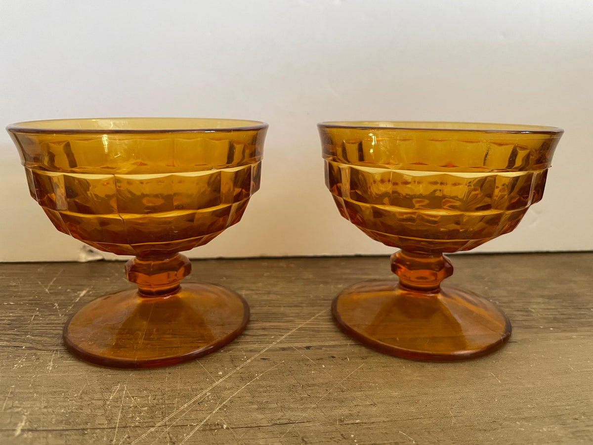 Vintage Large Amber Thumbprint Goblet, Water, Wine Glass, Harvest Gold  Footed, Pedestal Pressed Molded Glass Drinking Cup 