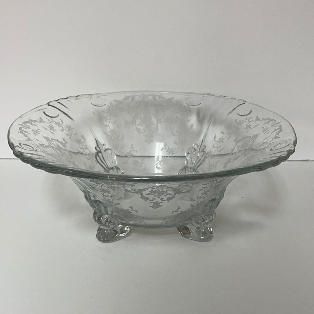 Vintage Clear Floral Etched Decorative Bowl with Lid