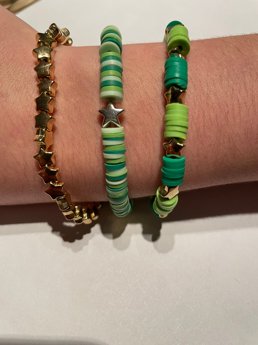 *New Beaded Stretchy Clay Bead Set/3 Bracelets Handmade Kids Teens Greens  and Gold