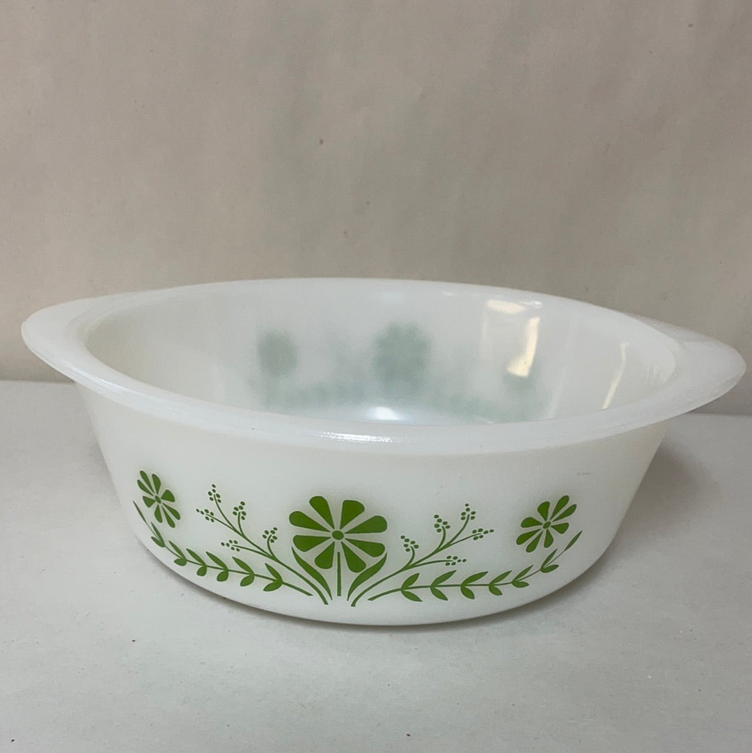 White Glass Divided Casserole Dish With Moss Green Flowers 