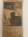 +* AS-IS Vintage Newspaper Editor Tribute to JFK Kennedy World Lost a Great Leader
