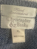 ** Women’s XL Christmas Sweater Christopher & Banks Hand Embroidered Santa Over Cozy House Blue