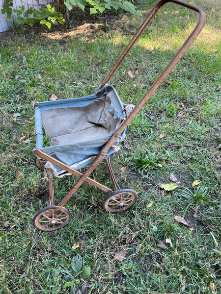 € Vintage Baby Doll Carriage Buggy Stroller Metal Frame Blue Canvas Folds Up for Storage
