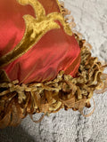 +* Square 17” Raised Velour Floral on Satiny Pillow Gold & Pinkish Red Zipper Closure Looped Fringe
