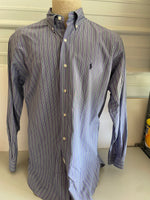 Mens Ralph Lauren McMeel Medium Green Stripe on Purple Button Down Cotton Long Sleeve Shirt