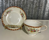 <€€ Vintage 1940s Diamond China ROSLYN Floral Pattern Set/8 Tea Cup & Saucers Japan Gold Rim