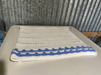a* Blue and White Crocheted Lap Rug Baby Crib Blanket 46” x 41“ Unisex Medium Weight