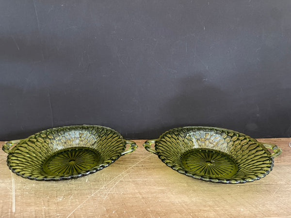 a** Vintage Set/2 Pair Green Cut Glass Candy Dishes Serving Bowls with Handles