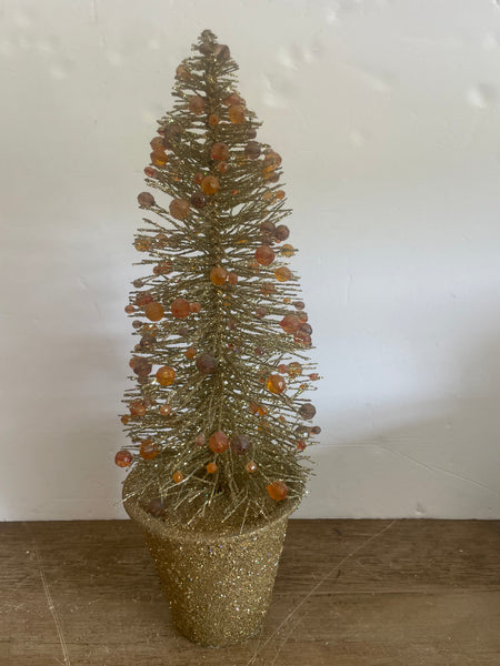 Vintage Metal Christmas Tree Gold Bronze Glitter Base, Gold & Brown Jewels 17” H Decor