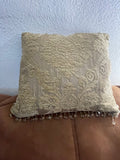 +* Square 16” Raised Velour Damask Design on Satiny Pillow Beige Zipper Closure Beaded Fringe