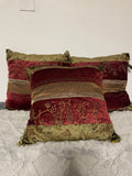 +* Set/3 Square 16” Embroidered & Beaded Pillows Floral on Velour Velvety Satiny Pillow Burgundy Green Browns Zipper Closure