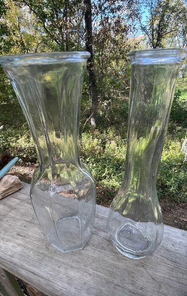 * Vintage Set/2 Clear Glass 9” Bud Flower Vases Decor Ribbed