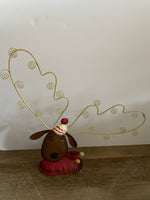 a** Metal Tin Dog w/ Oversized Reindeer Antlers Tabletop Decor Whimsical Holiday Christmas