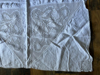 a** Vintage White Cotton Fabric Table Cloth Cover with Crocheted Floral Insets 31” W x 31” Square