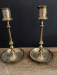 ~ Pair/Set of 2 Solid Gold Brass Taper Candlesticks Candleholders Rounded Base Etched Leaves