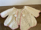 +* Vintage Baby Girl Newborn Hand Crochet Ivory Sweater Trimmed in Pink Jacket