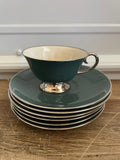 Flintridge China, California Deep Teal Green w/ Platinum Silver Set/6 Tea Cups & Saucers