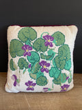 + Needlepoint Accent Pillow Purple Flowers & Green Leaves, Magenta Velveteen Back