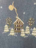 ** Women’s XL Christmas Sweater Christopher & Banks Hand Embroidered Santa Over Cozy House Blue