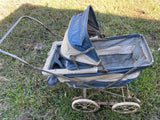 a* Vintage Baby Carriage Buggy Stroller White/Blue Metal Frame Adjustable Sun Shade