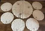 * Vintage Set/7 Ivory Cotton Round Doilies Embroidered Trimmed in Brown 16” & 8.5”
