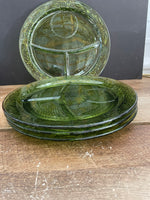 €¥ Vintage Depression Glass Green Divided 10” Dessert Luncheon Plates Etched Flowers Set/4