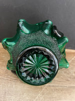 a** Vintage Green Depression Glass Basket Candy Bowl Dish Ruffled Rim Textured Exterior