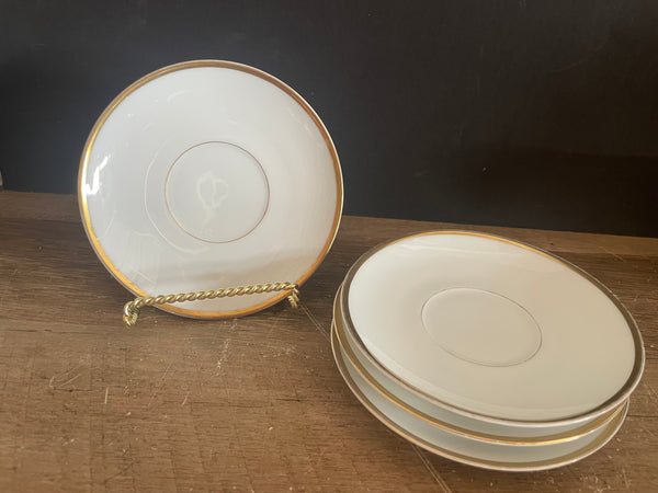 + Vintage Pfeiffer & Lowenstein Schlackenwerth Austria Empire II White China Gold Rim Set/4 SAUCERS 1940s
