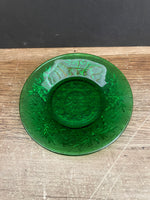 a** Vintage Small Round Green Glass Trinket Dish Plate Embossed Flowers & Leaves