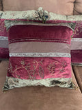 +* Set/3 Square 16” Embroidered & Beaded Pillows Floral on Velour Velvety Satiny Pillow Burgundy Green Browns Zipper Closure