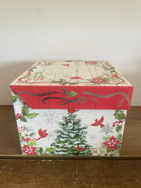 Holiday Christmas Gift Decor Box Red Birds & Poinsettias, 2019 Heavy Cardboard Flip Top