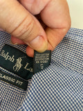 Mens Ralph Lauren Polo Logo Classic Fit Medium Blue Mini Plaid Cotton Button Down Long Sleeve