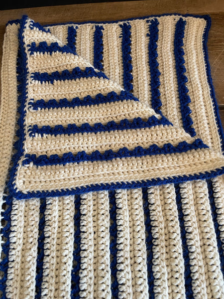 a* Blue and Off White Crocheted Lap Rug Baby Crib Blanket 32” W x 29” Unisex Medium Weight