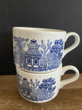 Vintage Blue and White Willow  Set/4 Stackable Coffee Cups Mugs Oriental Design England