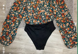 +* Black Floral Print Bodysuit XLarge V-Neck Long Sleeves