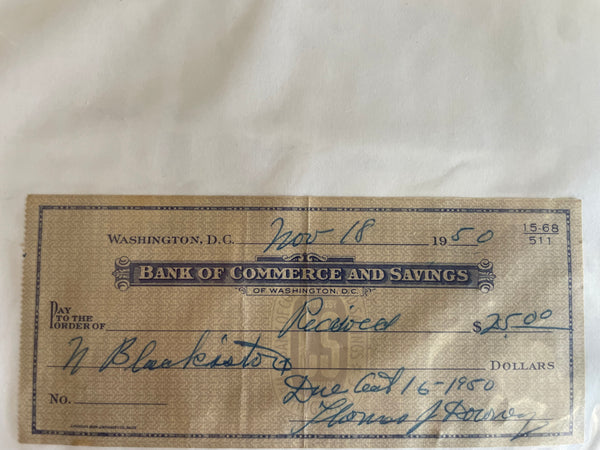 + Vintage BANK OF COMMERCE and SAVINGS Washington DC Paper Check 1950
