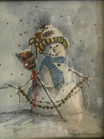 € Peggy Abrams Framed Snowman w/ Broom Winter Christmas Art Blue Wood Frame 10x12