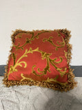 +* Square 17” Raised Velour Floral on Satiny Pillow Gold & Pinkish Red Zipper Closure Looped Fringe