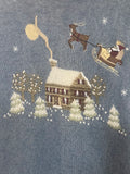 ** Women’s XL Christmas Sweater Christopher & Banks Hand Embroidered Santa Over Cozy House Blue