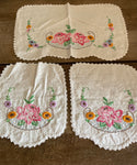 * Vintage Set/3 White Table Cover Doilie 16” Rectangle Embroidered Flowers & Crocheted Edge Cotton