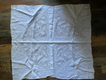a** Vintage White Cotton Fabric Table Cloth Cover with Crocheted Floral Insets 31” W x 31” Square