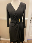 * Womens Juniors Sz 6 CALVIN KLEIN Classic Black Long Sleeve Dress Gold Buckle Pleated Side