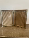 <€€ Vintage Bi-Fold Double Photo Frame Gold Metal Holds 2-4x6 Photos Tabletop or Hang