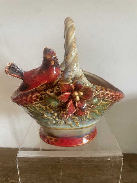 Ceramic Christmas Basket Red Bird Poinsettia Green & Red Winter Holiday Decor