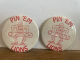 + Vintage (2) Wrestling Pins School Spirit PIN ‘EM LIONS Chesty Lions Lawrence High School Kansas 1975-1978