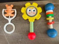 a* Set/3 Vintage 1970s Baby Hand Toys Fisher-Price Flower Mirror, Teether, Rattle