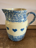 ** Vintage Friendship (FP) Pottery Spongeware Blue Hearts Large 2 Qt Pitcher Roseville Ohio