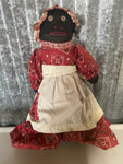 Vintage African Folk Art Black 15" Rag Cloth Doll Red Gingham Dress w/ Beige Apron