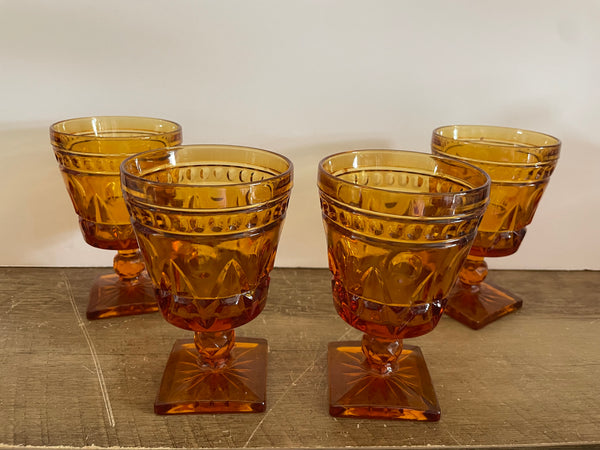 a* Set/4 Vintage Amber Gold Depression Glass Pedestal Dessert Water Wine Goblets